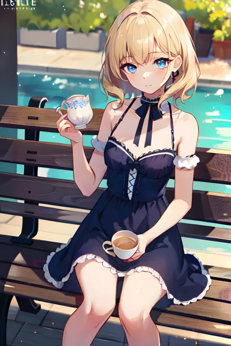 hight resolution, top-quality,  ultra-quality, The ultra-detailliert, lighting like a movie、Girl in ruffled bikini enjoying afternoon tea in castle garden、