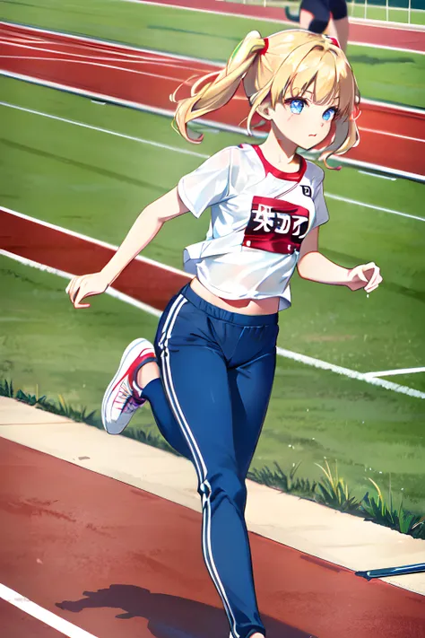 Penny IG (Female , Blonde hair in pigtails, pale blue eyes, petite, fair skin) wearing( T-shirt, loose track pants, red and white sneakers) running at a track and field competition, (MasterPiece) (Highly Detailed) (4k)