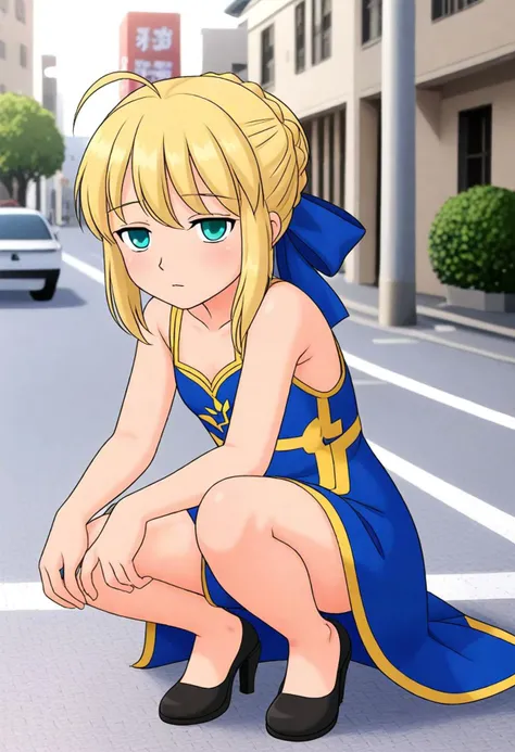 <lora:Hyper-SDXL-8steps-lora:1><lora:Fixhands_anime_bdsqlsz_V1:1>
zPDXL2, outdoors, city, tokyo, japan,
downblouse, squatting, Sleepy, Drooping eyelids, half-closed eyes, and a slightly dazed expression.,
1girl, solo, clothed, artoria pendragon \(fate\), blonde hair, long dress, blue dress,
<lora:artist-k02_XL(pony)v10:0.9>
