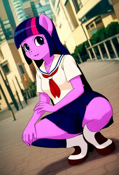 <lora:Hyper-SDXL-8steps-lora:1><lora:Fixhands_anime_bdsqlsz_V1:1>
zPDXL2, outdoors, city, tokyo, japan,
dutch angle, squatting, Seductive, A sultry gaze, a slightly parted lips, and a hint of a smile.,
1girl, solo, clothed, anthro, twilight sparkle, school uniform,
<lora:artist-k02_XL(pony)v10:0.9>