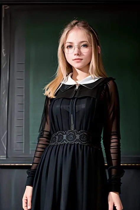 a photo AM009_Camomile, a blonde 23 years old woman (wearing dark strict long dress:1.3), (teacher stands near the blackboard in the classroom:1.3), stylish glasses, soft warm light, wide angle, <lora:LowRA:0.4>, (intricate details:0.9), (hdr, hyperdetailed:1.2), (natural skin texture, hyperrealism, soft light, sharp)