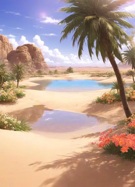 <lora:PE_AnimeBG:0.8> PEAnimeBG, anime, background,
desert, oasis, sand, water, flowers, palm trees,
masterpiece, high resolution, octance 4k, high detail