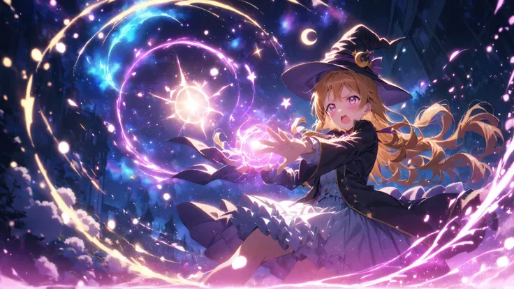 <lora:EnvyMagicalXL01:1.2> <lora:aesthetic_anime_v1s:1.3> <lora:add-detail-xl:1.3> <lora:glowneon_xl_v1:0.6> <lora:outline_xl_end:-0.67> <lora:PE_AnimeBG:0.8> 1girl, konoe kanata, love live! nijigasaki high school idol club, bangs, shouting, angry, dynamic pose, casting spell using onehands, magical circle on hands, BREAK witch hat, witch costume, dark purple dress, flying on sky, magic energy, crescent, cute lamb, big purple energy, magical, cinematic angle, starry sky, nebula, (golden ratio:1.2), (black vignette:1.5), (glowing:1.2), BREAK PEAnimeBG, Background, anime, scenery, glowneon, masterpiece, best quality, aesthetic, depth of field, (blurry background:1.3),