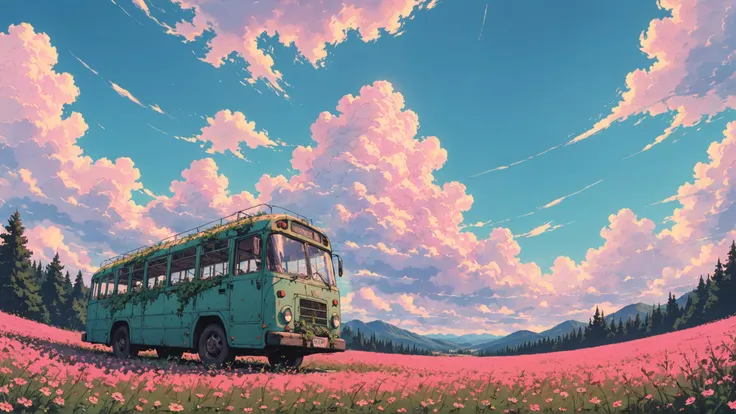 from below, anime still, wide angle panoramic landscape, a vast infinite meadow, powerfull clouds (vaporwave aesthetic:1.2) <lora:1990-2:0.7>  <lora:PE_AnimeBG:0.4> PEAnimeBG, (an abandoned bus overgrouth with plants vegetation:1.4),, anime art style, anime digital art, expressive anime art, dynamic composition, anime style, vibrant, studio anime, highly detailed