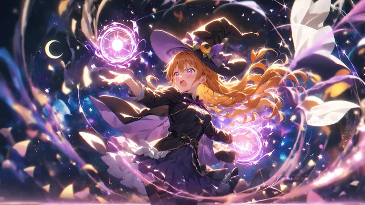 <lora:EnvyMagicalXL01:1.2> <lora:aesthetic_anime_v1s:1.3> <lora:add-detail-xl:1.3> <lora:glowneon_xl_v1:0.6> <lora:outline_xl_end:-0.67> <lora:PE_AnimeBG:0.8> 1girl, konoe kanata, love live! nijigasaki high school idol club, bangs, shouting, angry, dynamic pose, casting spell using onehands, magical circle on hands, BREAK witch hat, witch costume, dark purple dress, flying on sky, magic energy, crescent, cute lamb, big purple energy, magical, cinematic angle, starry sky, nebula, (golden ratio:1.2), (black vignette:1.5), (glowing:1.2), BREAK PEAnimeBG, Background, anime, scenery, glowneon, masterpiece, best quality, aesthetic, depth of field, (blurry background:1.3),