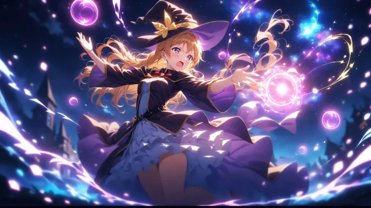 <lora:EnvyMagicalXL01:1.2> <lora:aesthetic_anime_v1s:1.3> <lora:add-detail-xl:1.3> <lora:glowneon_xl_v1:0.6> <lora:outline_xl_end:-0.67> <lora:PE_AnimeBG:0.8> 1girl, konoe kanata, love live! nijigasaki high school idol club, bangs, shouting, angry, dynamic pose, casting spell using onehands, magical circle on hands, BREAK witch hat, witch costume, dark purple dress, flying on sky, magic energy, crescent, cute lamb, big purple energy, magical, cinematic angle, starry sky, nebula, (golden ratio:1.2), (black vignette:1.5), (glowing:1.2), BREAK PEAnimeBG, Background, anime, scenery, glowneon, masterpiece, best quality, aesthetic, depth of field, (blurry background:1.3),