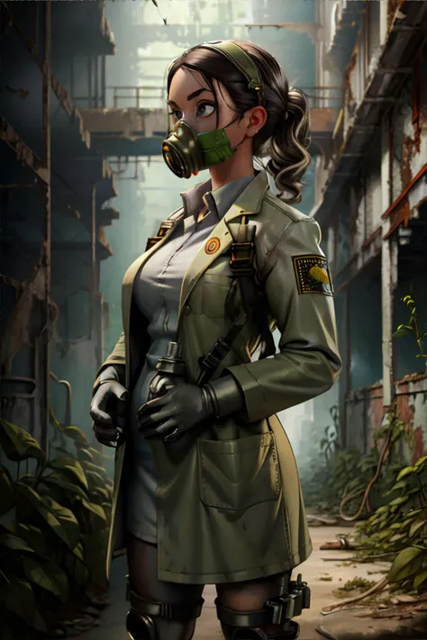 <lora:biochemical:0.7>, cinsdia, woman standing in an abandoned warehouse, overgrown ruins, wearing gas mask, white lab coat || masterpiece, 8k, high resolution, shallow depth of field, sharp focus