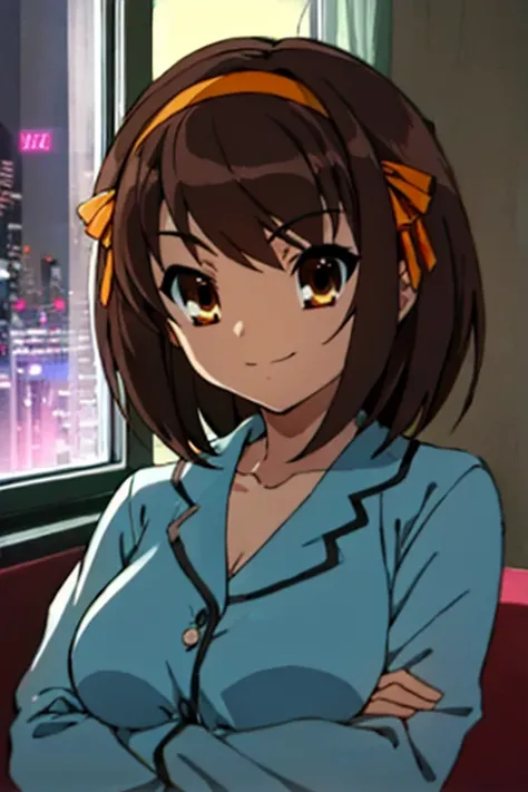 <lora:Haruhi Suzumiya - [The Melancholy of Haruhi Suzumiya] - Version 1:1> haruhi, brown_hair, suzumiya_haruhi, short_hair, brown_eyes, hairband  (masterpiece:1.2),(best quality:1.2),(high resolution:1.2) 1girl,  tattoo  cyberpunk2077, cyberpunk \(series\),  portrait, large breasts,  big smile sneakers  Arms Crossed Pose  dutch angle, cyberpunk style, apartment, window with view on nightcity,  closeup