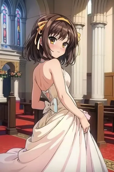 masterpiece, best quality,ultra detail, <lora:anmnr01:0.3>  <lora:add_detail:0.5>,<lora:GoodHands-vanilla:0.8> ,haruhi <lora:Haruhi Suzumiya - [The Melancholy of Haruhi Suzumiya] - Version 1:0.7>, church,bridal,,blush, <lora:YellowBridal:0.7>,from back
