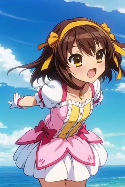 masterpiece, best quality,ultra detail, <lora:anmnr01:0.3>  <lora:add_detail:0.5>,<lora:GoodHands-vanilla:0.8>  ,kanamemadokaoutfit <lora:kaname_madoka_outfit-base-anylora-v1-1-1-000015_1_BiiiiMoOOo_WOF:0.8> ,blush,fiying sky,sky ,cloud,floating air,haruhi <lora:Haruhi Suzumiya - [The Melancholy of Haruhi Suzumiya] - Version 1:0.7>