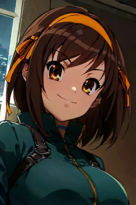 <lora:Haruhi Suzumiya - [The Melancholy of Haruhi Suzumiya] - Version 1:1> haruhi, brown_hair, suzumiya_haruhi, short_hair, brown_eyes, hairband  (masterpiece:1.2),(best quality:1.2),(high resolution:1.2) 1girl,  tattoo  cyberpunk2077, cyberpunk \(series\),  portrait, large breasts,  big smile sneakers  Arms Crossed Pose  dutch angle, cyberpunk style, apartment, window with view on nightcity,  closeup