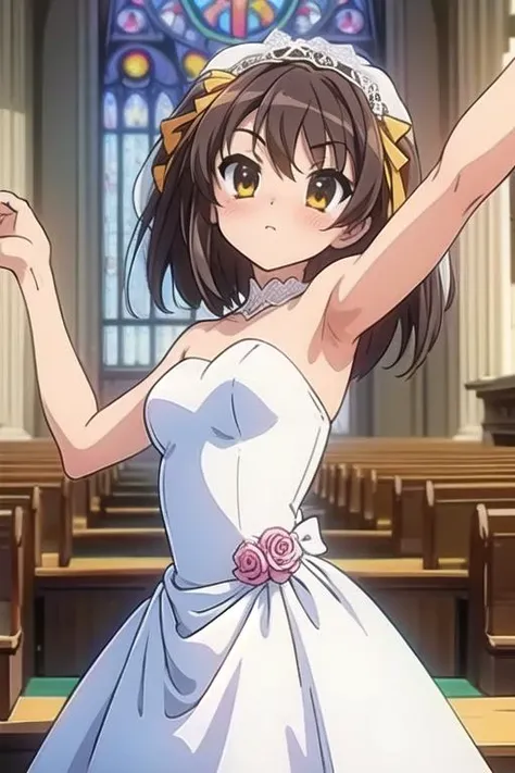 masterpiece, best quality,ultra detail, <lora:anmnr01:0.3>  <lora:add_detail:0.5>,<lora:GoodHands-vanilla:0.8> ,haruhi <lora:Haruhi Suzumiya - [The Melancholy of Haruhi Suzumiya] - Version 1:0.7>, church,<lora:Bridal:0.7>bridal,upper body,,blush,stretch arm for viewer