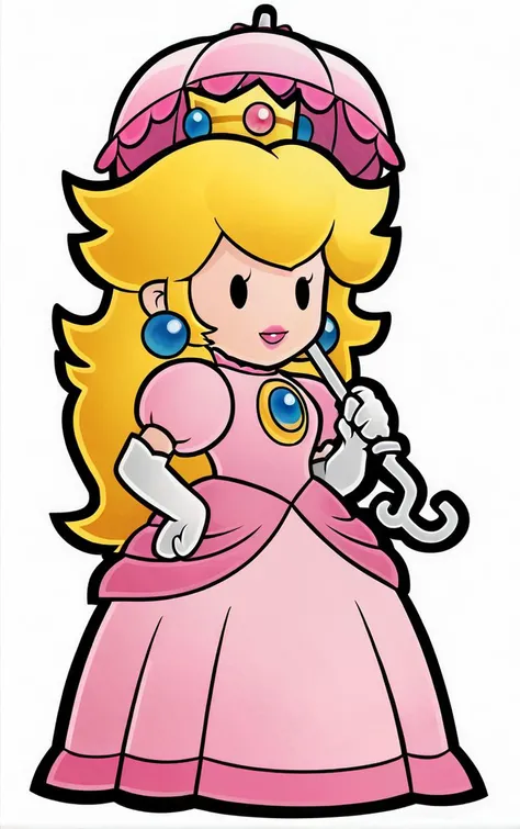 score_9, score_8_up, score_7_up, looking at viewer, BREAK
Umbrella_PaperPeech_ownwaifu,
princess peach, 1girl, blonde hair, umbrella, pink dress, long hair, elbow gloves, crown, jewelry, earrings, parasol, lipstick, chibi, outline, gem, white gloves, long dress, puffy short sleeves, solid oval eyes
(contrapposto, hand on hip),
<lora:PONYXL_PaperPeech_ownwaifu:1>