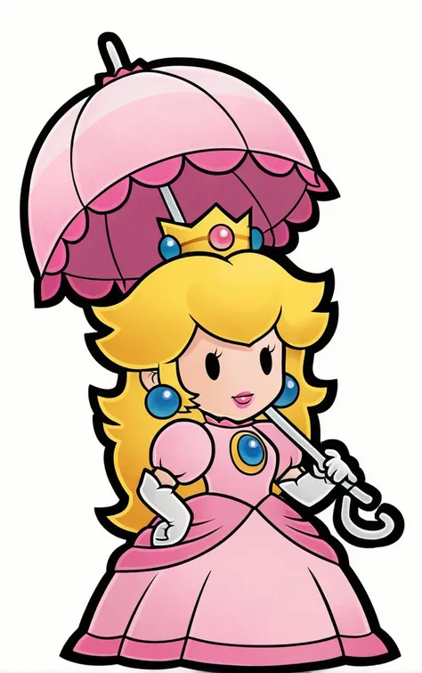 score_9, score_8_up, score_7_up, looking at viewer, BREAK
Umbrella_PaperPeech_ownwaifu,
princess peach, 1girl, blonde hair, umbrella, pink dress, long hair, elbow gloves, crown, jewelry, earrings, parasol, lipstick, chibi, outline, gem, white gloves, long dress, puffy short sleeves, solid oval eyes
(contrapposto, hand on hip),
<lora:PONYXL_PaperPeech_ownwaifu:0.8>