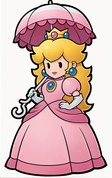 score_9, score_8_up, score_7_up, looking at viewer, BREAK
Umbrella_PaperPeech_ownwaifu,
princess peach, 1girl, blonde hair, umbrella, pink dress, long hair, elbow gloves, crown, jewelry, earrings, parasol, lipstick, chibi, outline, gem, white gloves, long dress, puffy short sleeves, solid oval eyes
(contrapposto, hand on hip),
<lora:PONYXL_PaperPeech_ownwaifu:0.9>