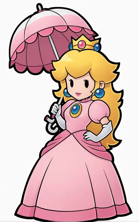 score_9, score_8_up, score_7_up, looking at viewer, BREAK
Umbrella_PaperPeech_ownwaifu,
princess peach, 1girl, blonde hair, umbrella, pink dress, long hair, elbow gloves, crown, jewelry, earrings, parasol, lipstick, chibi, outline, gem, white gloves, long dress, puffy short sleeves, solid oval eyes
(contrapposto, hand on hip),
<lora:PONYXL_PaperPeech_ownwaifu:0.8>
