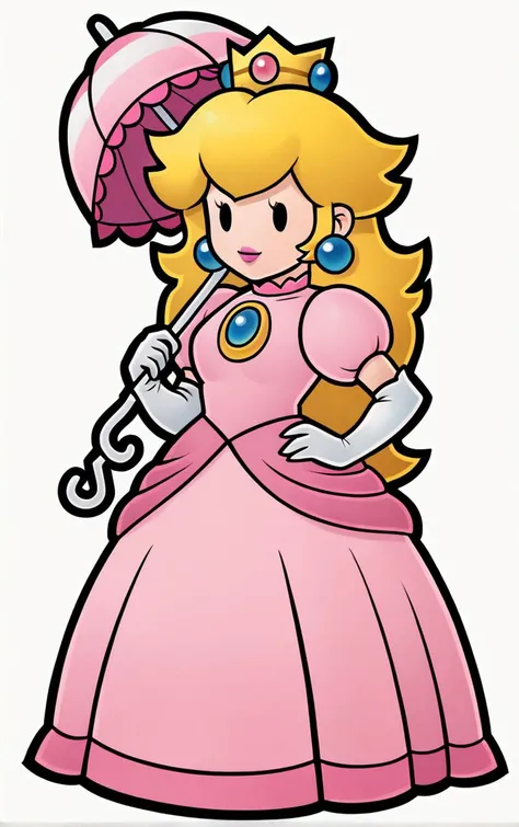score_9, score_8_up, score_7_up, looking at viewer, BREAK
Umbrella_PaperPeech_ownwaifu,
princess peach, 1girl, blonde hair, umbrella, pink dress, long hair, elbow gloves, crown, jewelry, earrings, parasol, lipstick, chibi, outline, gem, white gloves, long dress, puffy short sleeves, solid oval eyes
(contrapposto, hand on hip),
<lora:PONYXL_PaperPeech_ownwaifu:1>