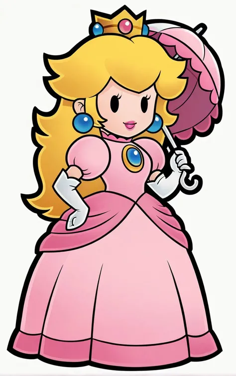 score_9, score_8_up, score_7_up, looking at viewer, BREAK
Umbrella_PaperPeech_ownwaifu,
princess peach, 1girl, blonde hair, umbrella, pink dress, long hair, elbow gloves, crown, jewelry, earrings, parasol, lipstick, chibi, outline, gem, white gloves, long dress, puffy short sleeves, solid oval eyes
(contrapposto, hand on hip),
<lora:PONYXL_PaperPeech_ownwaifu:0.7>
