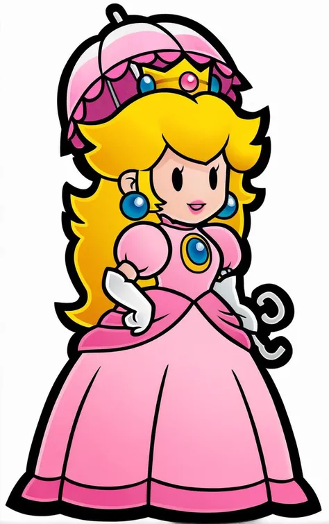 score_9, score_8_up, score_7_up, looking at viewer, BREAK
Umbrella_PaperPeech_ownwaifu,
princess peach, 1girl, blonde hair, umbrella, pink dress, long hair, elbow gloves, crown, jewelry, earrings, parasol, lipstick, chibi, outline, gem, white gloves, long dress, puffy short sleeves, solid oval eyes
(contrapposto, hand on hip),
<lora:PONYXL_PaperPeech_ownwaifu:0.9>