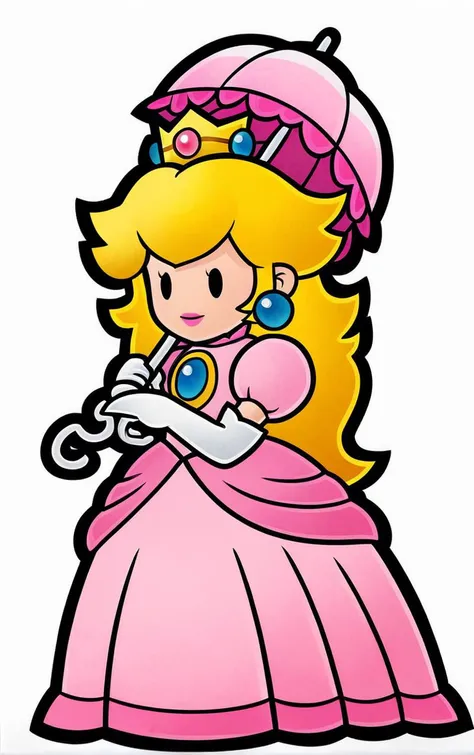 score_9, score_8_up, score_7_up, looking at viewer, BREAK
Umbrella_PaperPeech_ownwaifu,
princess peach, 1girl, blonde hair, umbrella, pink dress, long hair, elbow gloves, crown, jewelry, earrings, parasol, lipstick, chibi, outline, gem, white gloves, long dress, puffy short sleeves, solid oval eyes
(contrapposto, hand on hip),
<lora:PONYXL_PaperPeech_ownwaifu:1>