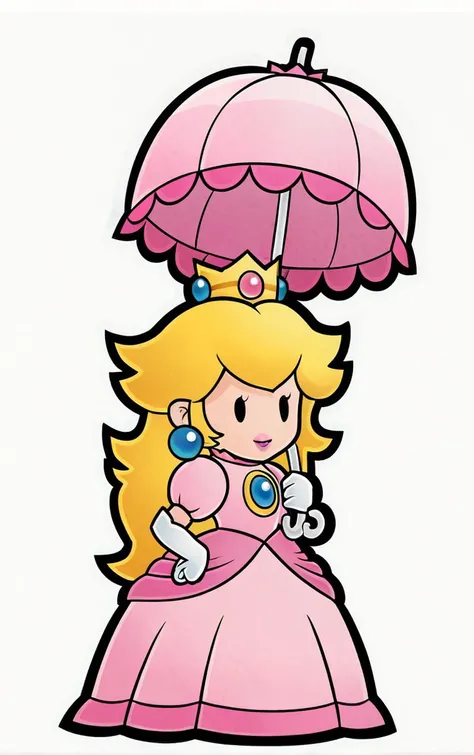 score_9, score_8_up, score_7_up, looking at viewer, BREAK
Umbrella_PaperPeech_ownwaifu,
princess peach, 1girl, blonde hair, umbrella, pink dress, long hair, elbow gloves, crown, jewelry, earrings, parasol, lipstick, chibi, outline, gem, white gloves, long dress, puffy short sleeves, solid oval eyes
(contrapposto, hand on hip),
<lora:PONYXL_PaperPeech_ownwaifu:0.9>