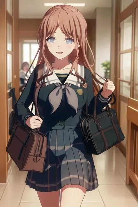 best quality, masterpiece, highres, solo, {nagasaki_soyo_bangdreamitsmygo:1.15}, long_hair, brown_hair, bangs, blue_eyes, smile, serafuku, upper_body, 1girl, school_uniform, skirt, long_sleeves, open_mouth, plaid, bag, bow, collarbone, plaid_skirt, shirt, breasts, closed_eyes, facing_viewer, indoors