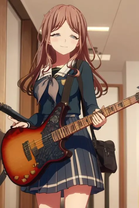 best quality, masterpiece, highres, solo, {nagasaki_soyo_bangdreamitsmygo:1.15}, long_hair, brown_hair, bangs, blue_eyes, smile, serafuku, upper_body, 1girl, closed_eyes, school_uniform, skirt, ^_^, plaid, plaid_skirt, indoors