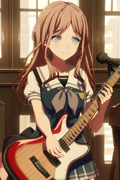 best quality, masterpiece, highres, solo, {nagasaki_soyo_bangdreamitsmygo:1.15}, long_hair, brown_hair, bangs, blue_eyes, smile, serafuku, upper_body, 1girl, collarbone, guitar, holding, holding_instrument, instrument, looking_at_viewer, school_uniform, closed_mouth
