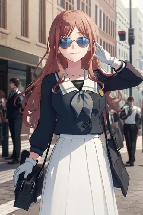 best quality, masterpiece, highres, solo, {black business suit:1.40}, {tie:1.20}, {sunglasses:1.25}, {white gloves:1.15}, {white shirt:1.10}, {black skirt:1.15}, {smoking:1.20}, handsome, {nagasaki_soyo_bangdreamitsmygo:1.15}, long_hair, brown_hair, bangs, blue_eyes, smile, serafuku, upper_body