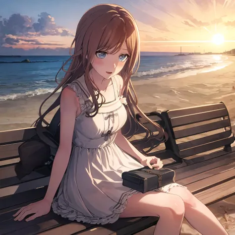 best quality,masterpiece,highres,extremely detailed wallpaper,perfect lighting,1girl,(beach:1.2),sunlight,dress,soyomygo,1girl,solo,long hair,brown hair,blue eyes,<lora:nagasaki_soyo_bangdreamitsmygo:0.8>,