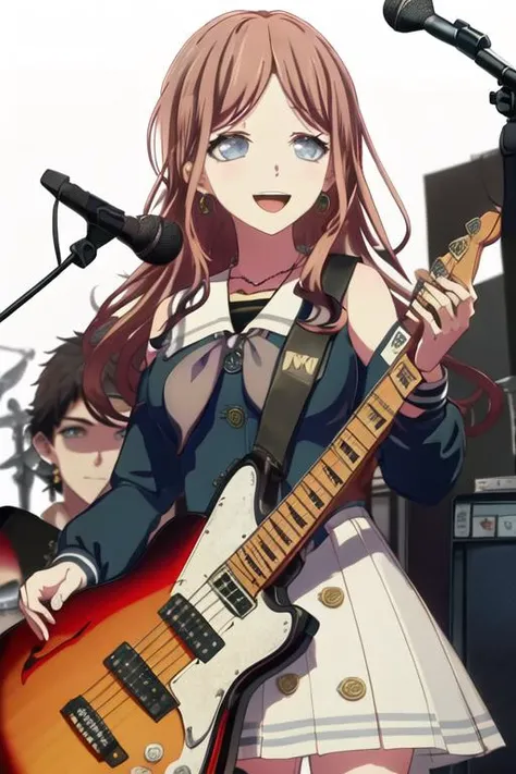 best quality, masterpiece, highres, solo, {nagasaki_soyo_bangdreamitsmygo:1.15}, long_hair, brown_hair, bangs, blue_eyes, smile, serafuku, upper_body, 1girl, :d, jewelry, microphone, music, open_mouth, singing, blue_background, earrings, electric_guitar, guitar, holding, holding_instrument, instrument, belt, dress, parted_bangs, playing_instrument, umbrella, gradient, gradient_background, microphone_stand, necklace, sleeveless, white_dress