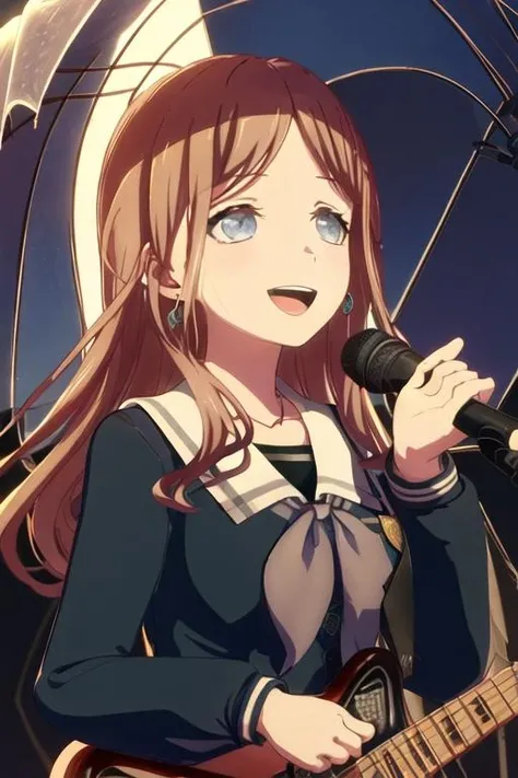 best quality, masterpiece, highres, solo, {nagasaki_soyo_bangdreamitsmygo:1.15}, long_hair, brown_hair, bangs, blue_eyes, smile, serafuku, upper_body, 1girl, collared_shirt, earrings, jewelry, microphone, shirt, sleeveless, white_shirt, parted_bangs, sleeveless_shirt, umbrella, :d, blue_background, necklace, open_mouth