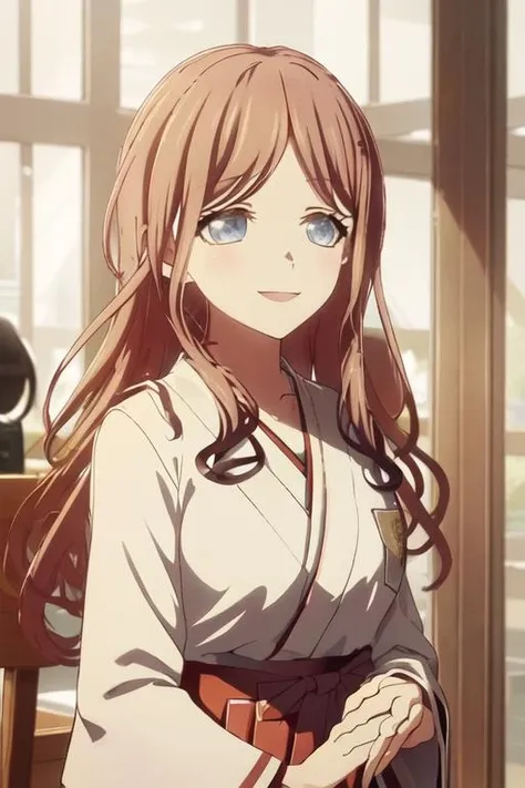 best quality, masterpiece, highres, solo, {white kimono:1.35}, {red hakama:1.35}, {wide sleeves:1.20}, {nagasaki_soyo_bangdreamitsmygo:1.15}, long_hair, brown_hair, bangs, blue_eyes, smile, serafuku, upper_body
