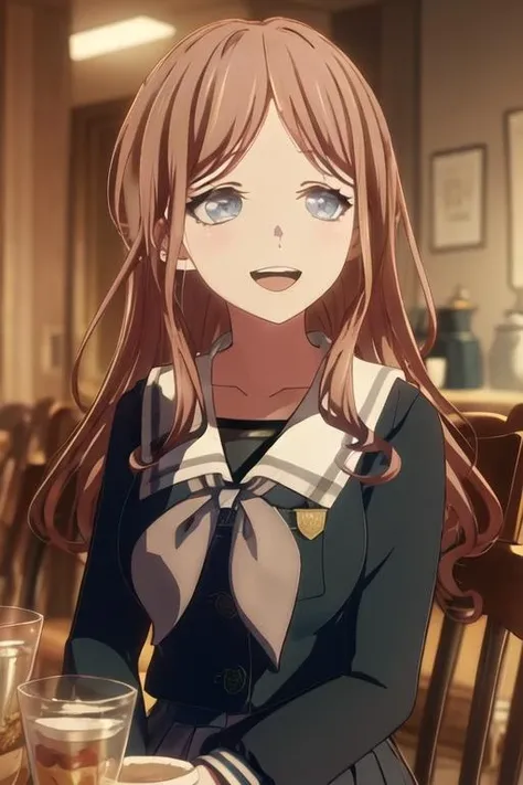 best quality, masterpiece, highres, solo, {nagasaki_soyo_bangdreamitsmygo:1.15}, long_hair, brown_hair, bangs, blue_eyes, smile, serafuku, upper_body, 1girl, open_mouth, portrait, sailor_collar, school_uniform, teeth, upper_teeth_only, white_sailor_collar, collarbone, blurry_background, blurry, indoors, parted_bangs, shirt