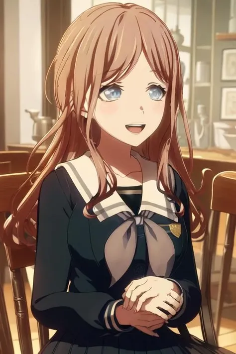best quality, masterpiece, highres, solo, {nagasaki_soyo_bangdreamitsmygo:1.15}, long_hair, brown_hair, bangs, blue_eyes, smile, serafuku, upper_body, 1girl, blush, indoors, long_sleeves, open_mouth, own_hands_together, sailor_collar, school_uniform, shirt, collarbone, parted_bangs, teeth, upper_teeth_only, white_sailor_collar
