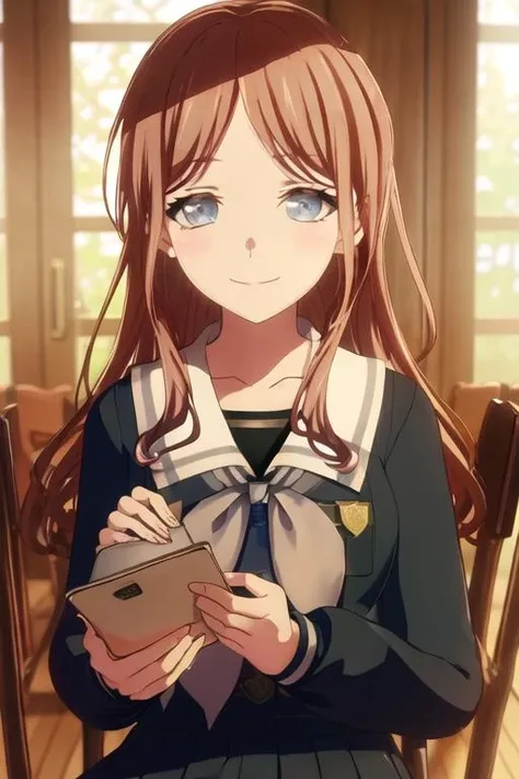 best quality, masterpiece, highres, solo, {nagasaki_soyo_bangdreamitsmygo:1.15}, long_hair, brown_hair, bangs, blue_eyes, smile, serafuku, upper_body, 1girl, school_uniform, white_sailor_collar, closed_mouth, blurry, blurry_background, portrait, sailor_collar, looking_at_viewer, parted_bangs, shirt, collarbone, blush, indoors
