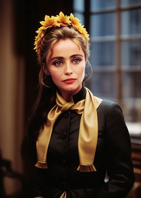 (fascinating) shocked  emmanuelle_beart in (trousers|maid costume|suit with scarf),portrait,intricate detail,(messy hair|short fringe),( hair flower),hands between legs,at Regency architecture,in (Manhattan, New York|armory),midnight,/8,Macro,lip gloss,(skin details:1.3),(skin pores:1.3),art by  (Fred Calleri),Canon G III QL17 Camera,<lora:emmanuelle_beart-000007:0.7>,