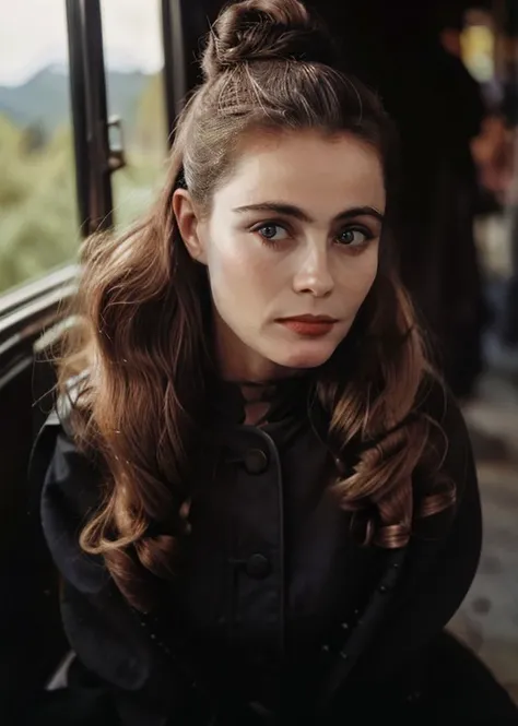 (good-looking) disgust  emmanuelle_beart in (leggings|dracula costume|spring suit),portrait,intricate detail,(doughnut hair bun|long bangs),( kirby grip),legs apart,at post-modernism,in (Virunga National Park, Democratic Republic of Congo|bus stop),night,/1.4,14mm - 35mm  focal length,curl mascara,(skin details:1.3),(skin pores:1.3),art by  (Franz Vohwinkel),Pentax 67 Camera,<lora:emmanuelle_beart-000007:0.7>,