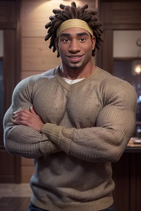 wasabi_no_ginger, muscular, looking at viewer, smile, black hair, long sleeves, 1boy, brown eyes, male focus, dark skin, sweater, headband, facial hair, smile, crossed arms, dark-skinned male, beard, dreadlocks <lora:add_detail:1>, <lora:wasabi_no_ginger:0.65>