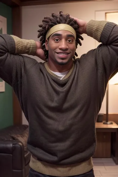 wasabi_no_ginger, muscular, looking at viewer, smile, black hair, long sleeves, 1boy, brown eyes, male focus, dark skin, sweater, headband, facial hair, hands behind head, dark-skinned male, beard, dreadlocks <lora:add_detail:1>, <lora:wasabi_no_ginger:0.6>