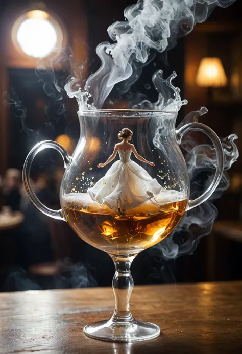 Abstract style photo, realistic , realism, 4k.
Tea glass with steam and foam, wedding dress
elvaan dancing in glass, . Non-representational, colors and shapes, expression of feelings, imaginative, highly detailed