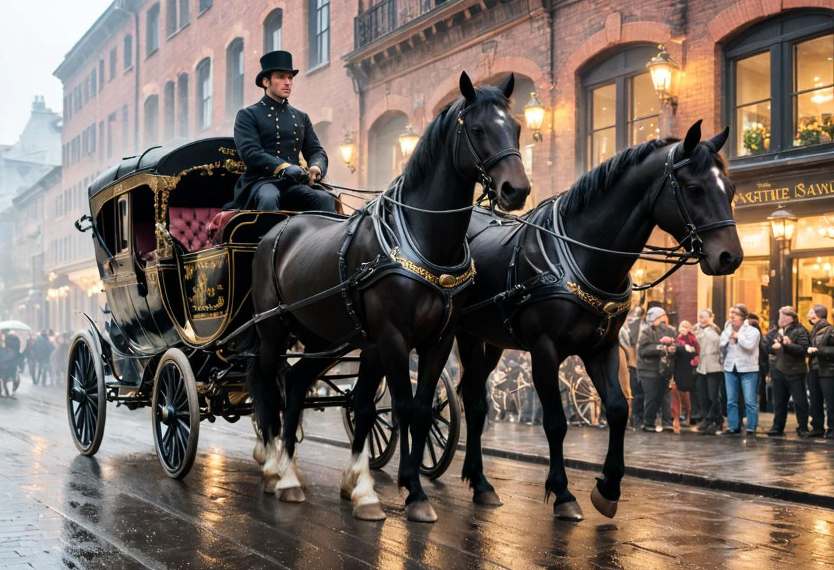 breathtaking old victorian horse-drawn carriage, black horses with sweaty bodies pulling . award-winning, professional, highly detailed