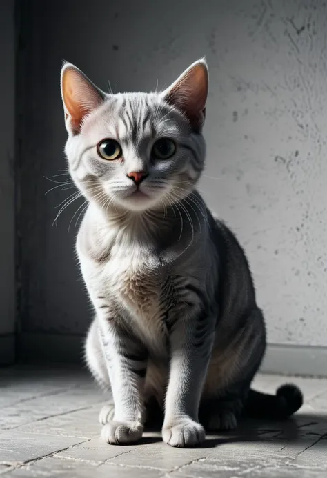 photograph, award winning, full body shot of a Cute (European Shorthair Cat:1.1) with Spandex tail, Sharp and in focus, HDR, Kodak Ektachrome E100, F/2.8, Grayscale, (designed by Brian De Palma:1.3) , cinemascope, dark realism