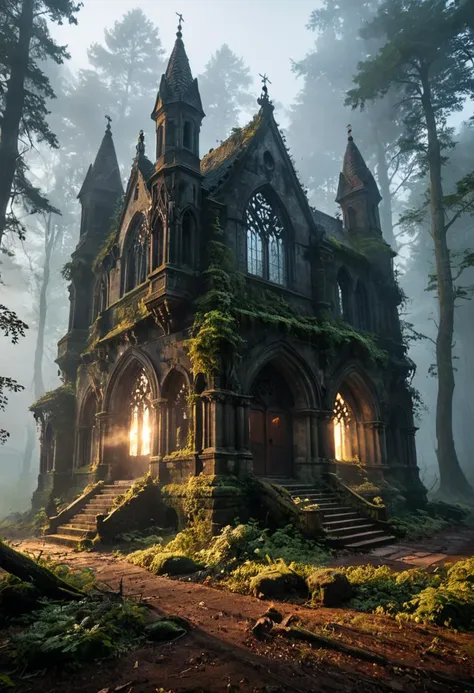 breathtaking photo, realistic , realism, 4k.
steamy foggy forest at evening, mist crawling on ground 
ruins, gothic chapel  . award-winning, professional, highly detailed