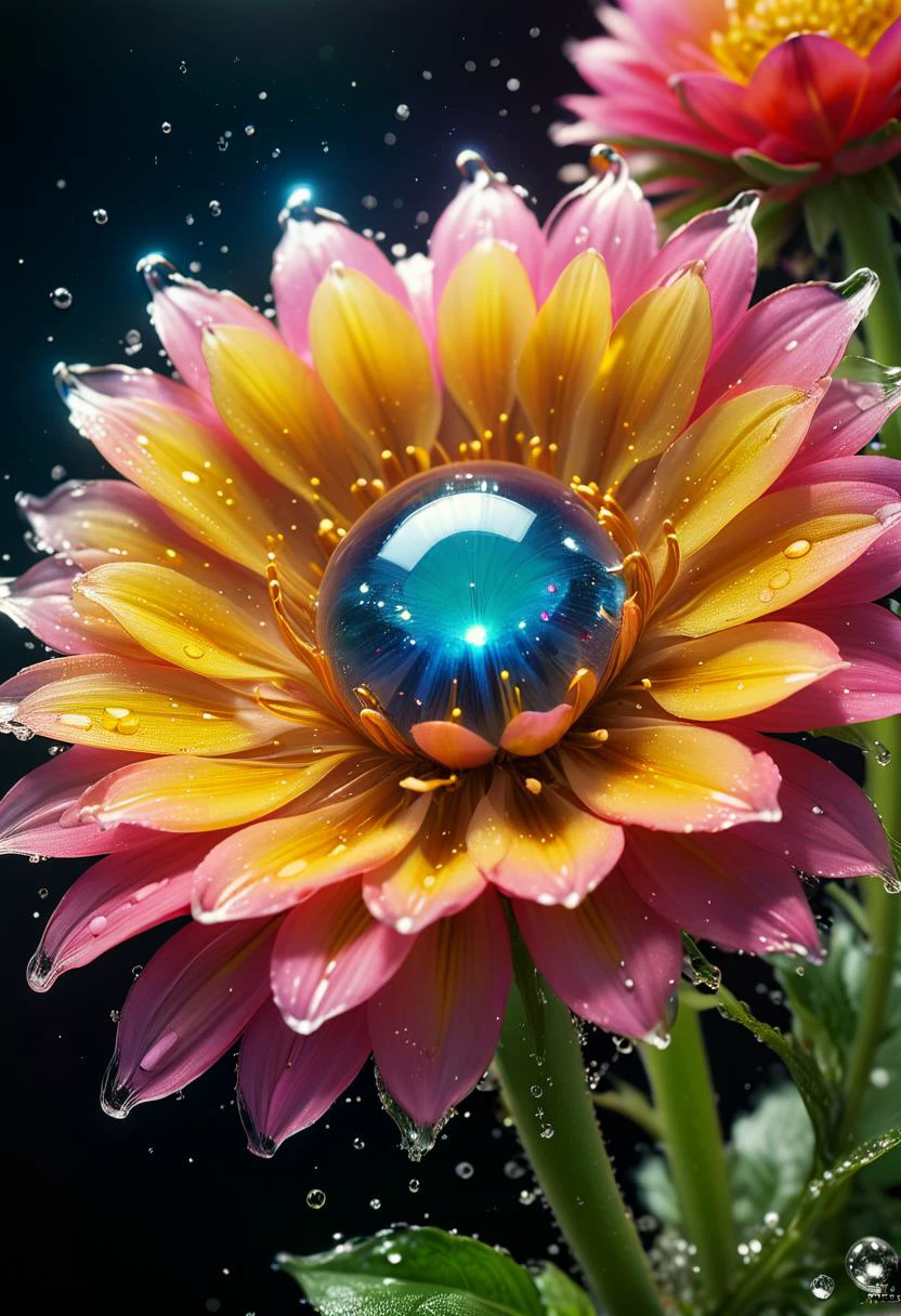 macro photo, AWESOME sparkling magical fantasy cosmic glass flower, dewdrop, Heavenly, beautiful, ultra detailed, ultimate details, amazing details, super sharp details, masterful, (masterpiece:1.2), intricate details, best quality, high quality, rich vibrant vivid colors, ultra high res, cinematic still, 4k, 8k uhd, extremely intricate, extremely detailed, amazing, fine detail, high resolution, perfect, wonderful, ultrarealistic, photorealistic glowing, shine, shiny