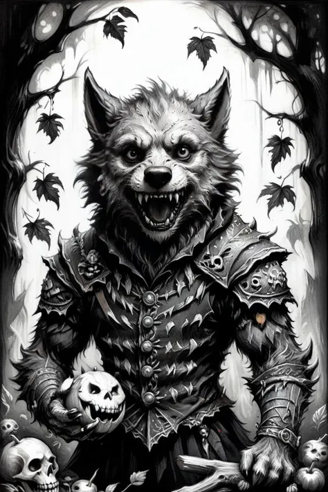 dansemacabre, black and white, sketch, best quality, masterpiece, cute werewolf with insatiable hunger, intricate details, whimsical, magical<lora:dansemacabre:1>