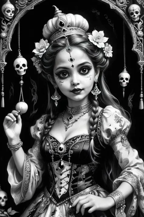 best quality, masterpiece, photography of a cute genie with alluring promise, intricate details, whimsical, magical<lora:dansemacabre:0.8> dansemacabre, black and white, sketch