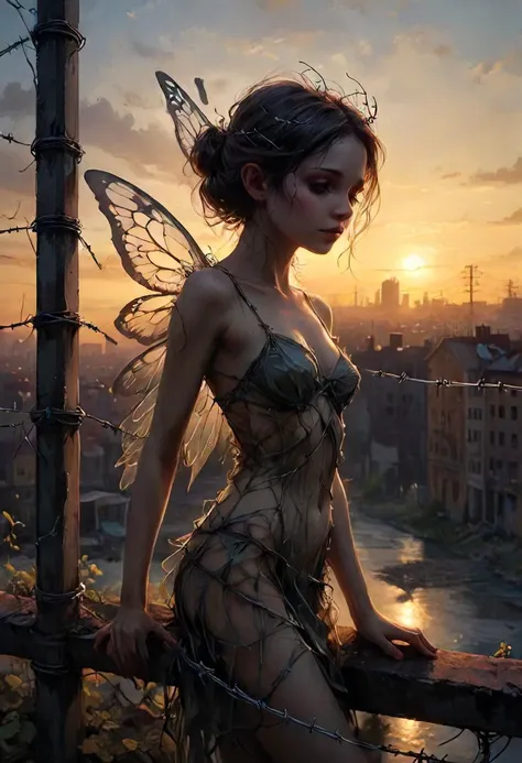 In the waning light of day, a solitary fairy-like figure is enshrouded in barbed wire, her delicate, translucent wings reflecting the last rays of the sunset. The wire, a lattice of sorrow, stretches from her, piercing through the city's heart, as if to draw out its hidden melancholy. Her eyes, pools of profound sadness, gaze wistfully at the sprawling urban scape, her ephemeral beauty a stark contrast to the enduring city structures. The scene is steeped in a haunting, cinematic atmosphere, with each barb on the wire catching the light to create a poignant tableau of light and shadow. The city, bathed in the twilight glow, mirrors her forlorn silhouette, each building telling its own tale of desolation. This moment captures the fragility of joy in the vast theatre of life, painting a portrait of a fairy connected to the world's sorrow, her transparency an echo of the fleeting nature of happiness