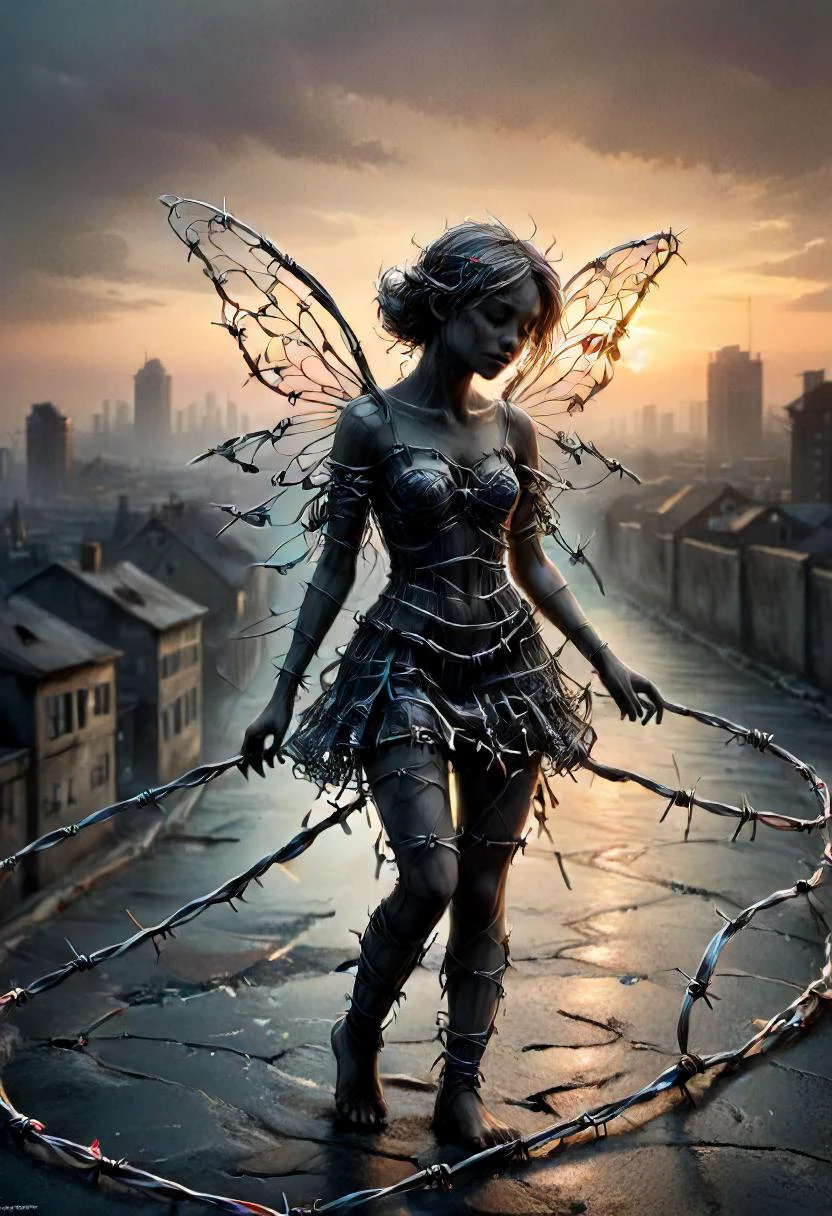 ral-barbwire,In the waning light of day, a solitary fairy-like figure is enshrouded in barbed wire, her delicate, translucent wings reflecting the last rays of the sunset. The wire, a lattice of sorrow, stretches from her, piercing through the city's heart, as if to draw out its hidden melancholy. Her eyes, pools of profound sadness, gaze wistfully at the sprawling urban scape, her ephemeral beauty a stark contrast to the enduring city structures. The scene is steeped in a haunting, cinematic atmosphere, with each barb on the wire catching the light to create a poignant tableau of light and shadow. The city, bathed in the twilight glow, mirrors her forlorn silhouette, each building telling its own tale of desolation. This moment captures the fragility of joy in the vast theatre of life, painting a portrait of a fairy connected to the world's sorrow, her transparency an echo of the fleeting nature of happiness