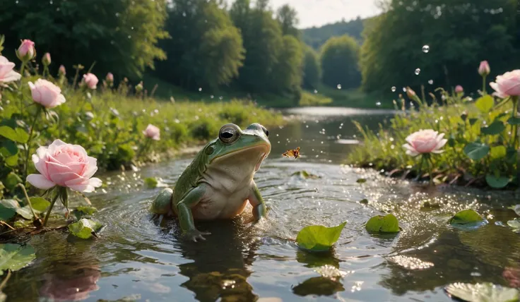 cinematic photo french sal de fleur field landscape, lake with roses , frog catching fly, water splashing holding flie with tongue , catching flie . 35mm photograph, film, bokeh, professional, 4k, highly detailed